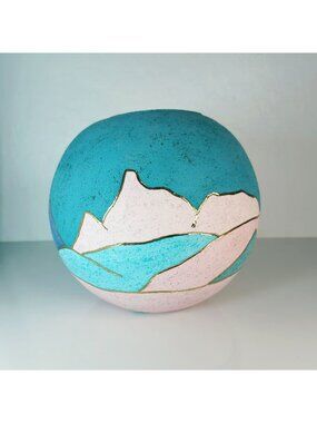 Vintage Southwest Ceramic Vase Abstract Mountain Scene Turquoise Pink Gold Trim